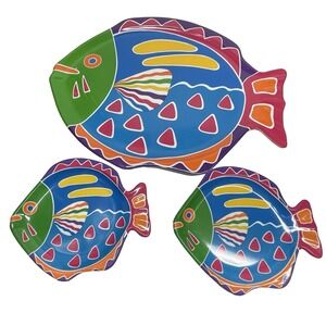 Summer Oasis Melamine Fish Tray And 2 Plates Tropical Beach Fish Design 17"x 14"